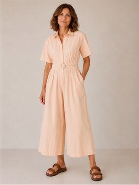 Ritu Kumar Basics Light Beige Cotton Wide Leg Short-Sleeve Belted Jumpsuit